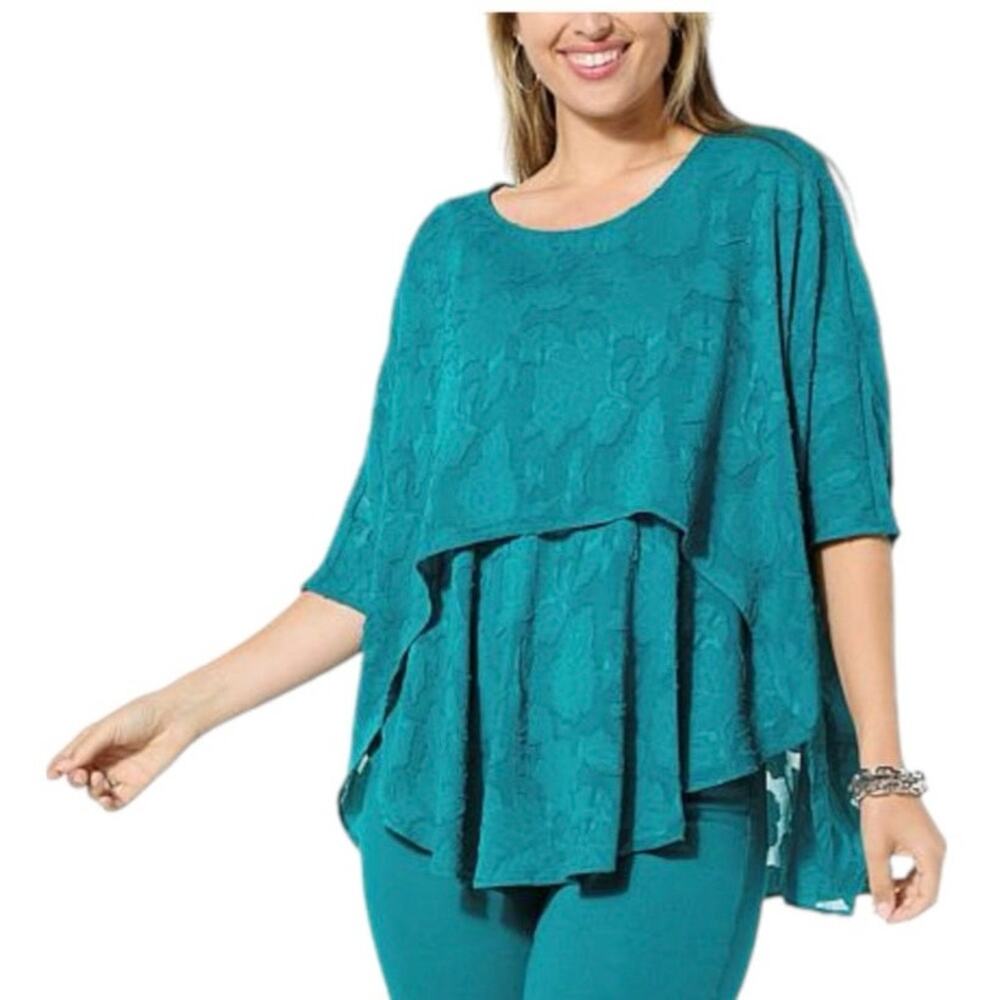 DG2 Diane Gilman 3X Peacock Teal Jacquard Double Layer Flowy Poncho Top NWT